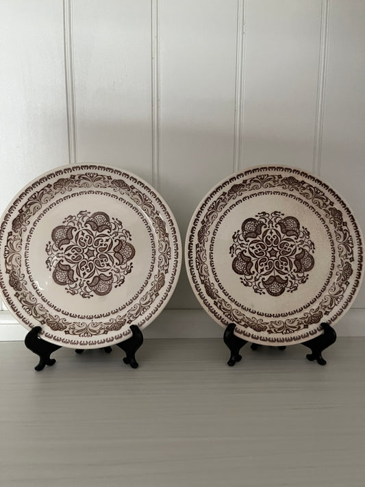 Vintage Brown Transferware Bread & Butter Plates – Wellesley-Style Scroll Pattern (Unmarked, 1950s–1960s, Set of 2)