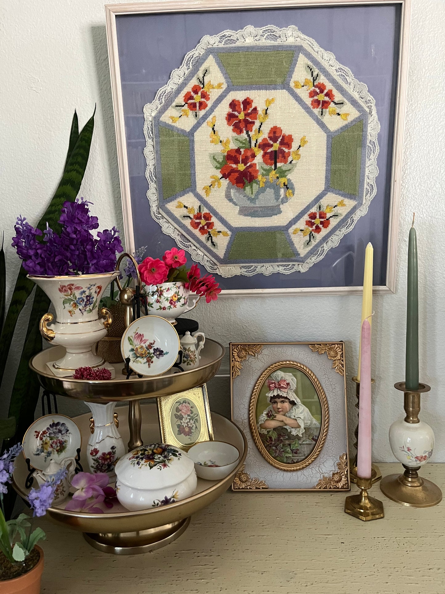Elegant Vintage Brass Taper Candlestick with Porcelain Floral Bouquet Design