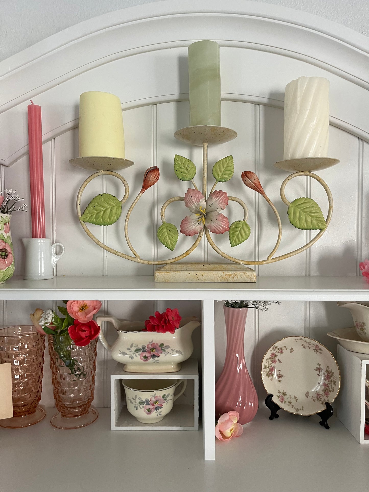 1950s Vintage Italian Tole Floral Candelabra – 3-Pillar Metal Candle Holder