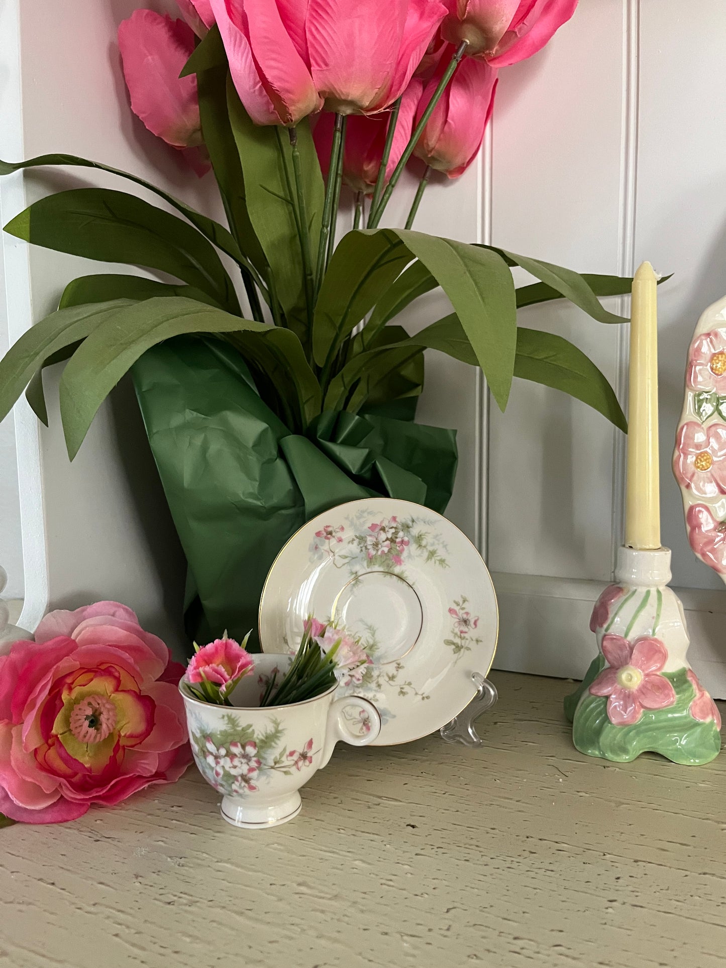 1954 Holland Mold Ceramic Candlestick Holder – Hand-Painted Taper, Pink Flower & Green Glaze