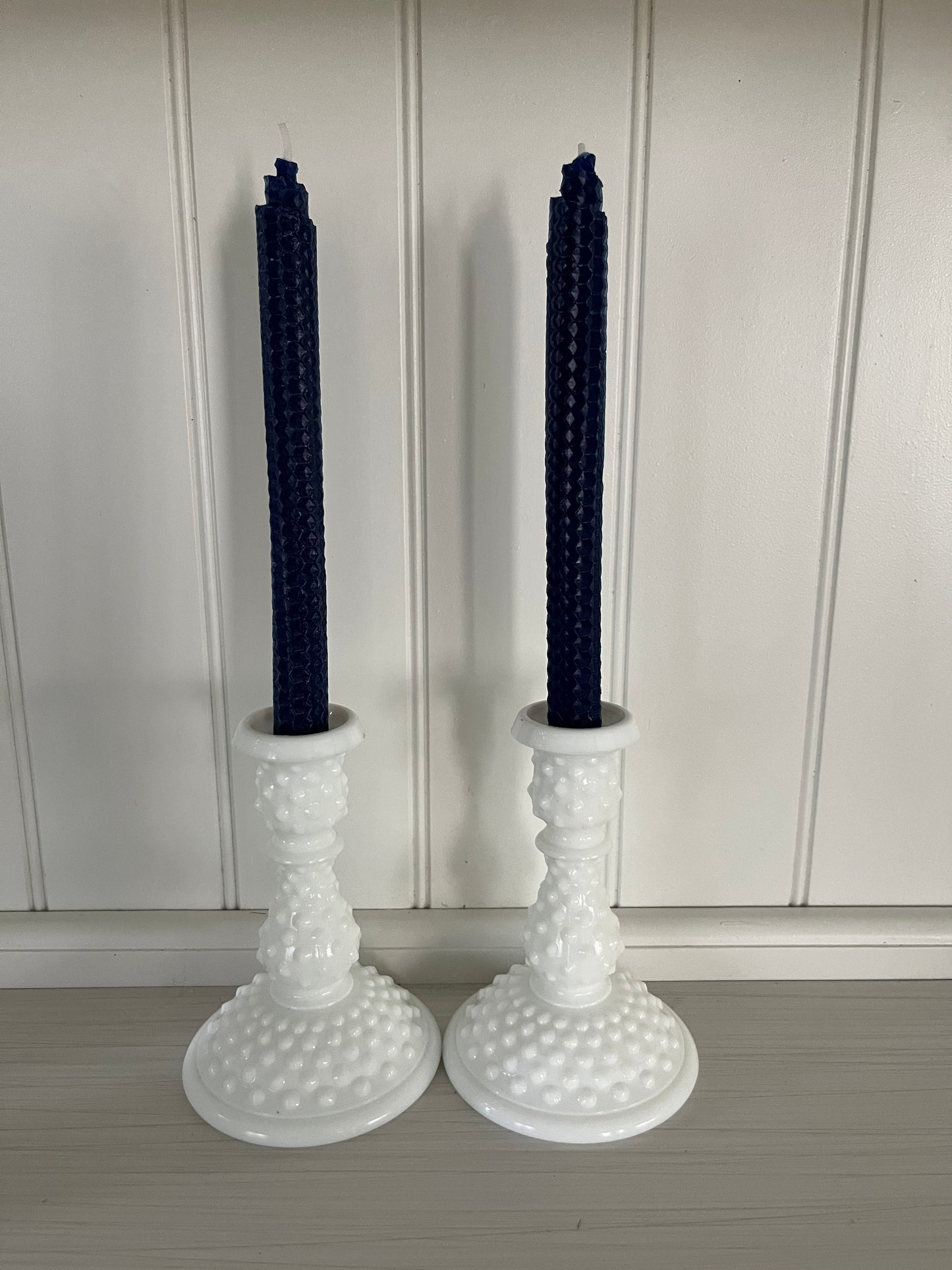 Vintage Fenton 1960’s Art Milk Glass Hobnail 6” Candlesticks - Pair
