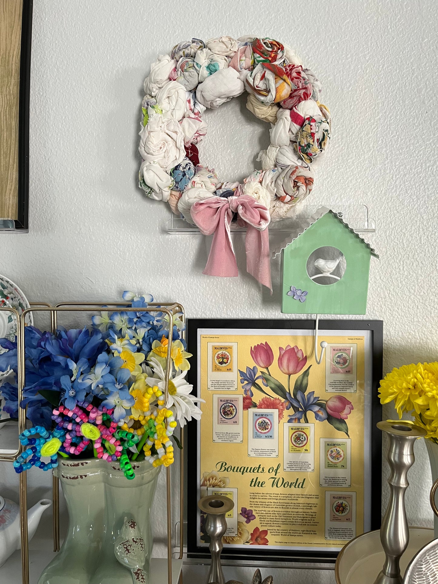 Vintage Shabby Chic Rosette Hankie Wreath with Pink Velveteen Bow