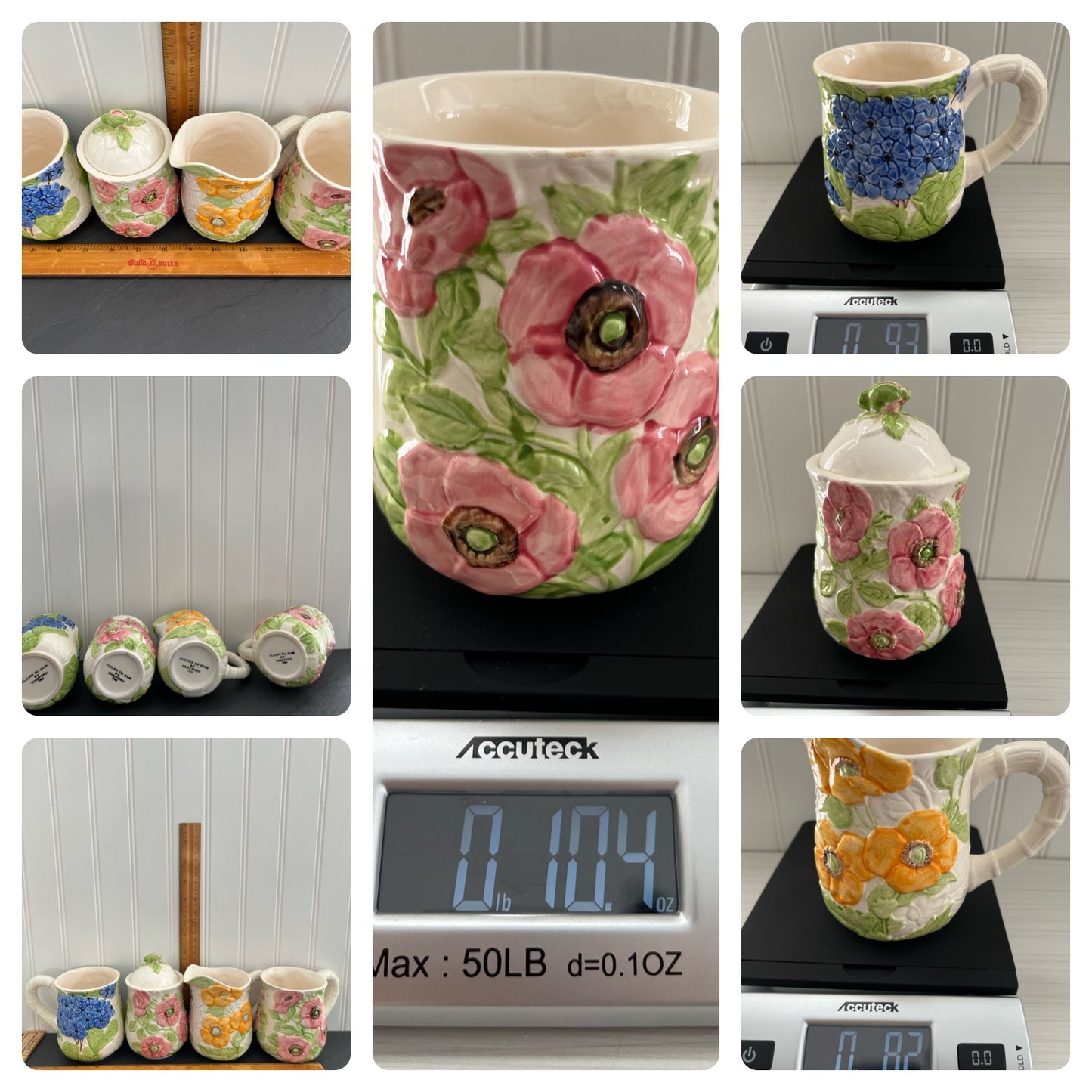 Vintage 1988 Shafford Fleurs Du Jour Sugar & Creamer Set with 2 Mugs - Colorful 3D Raised Embossed Flowers