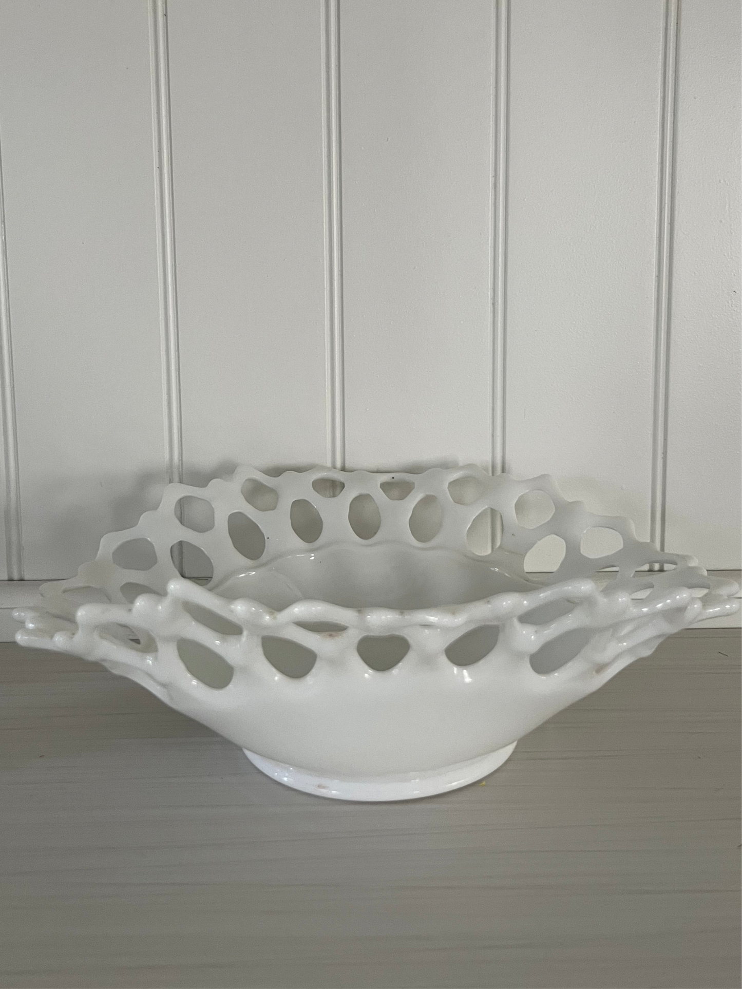 Vintage 1950s Westmoreland Doric Milk Glass Open Lace Edge Compote Banana Boat Bowl – Reticulated Rim