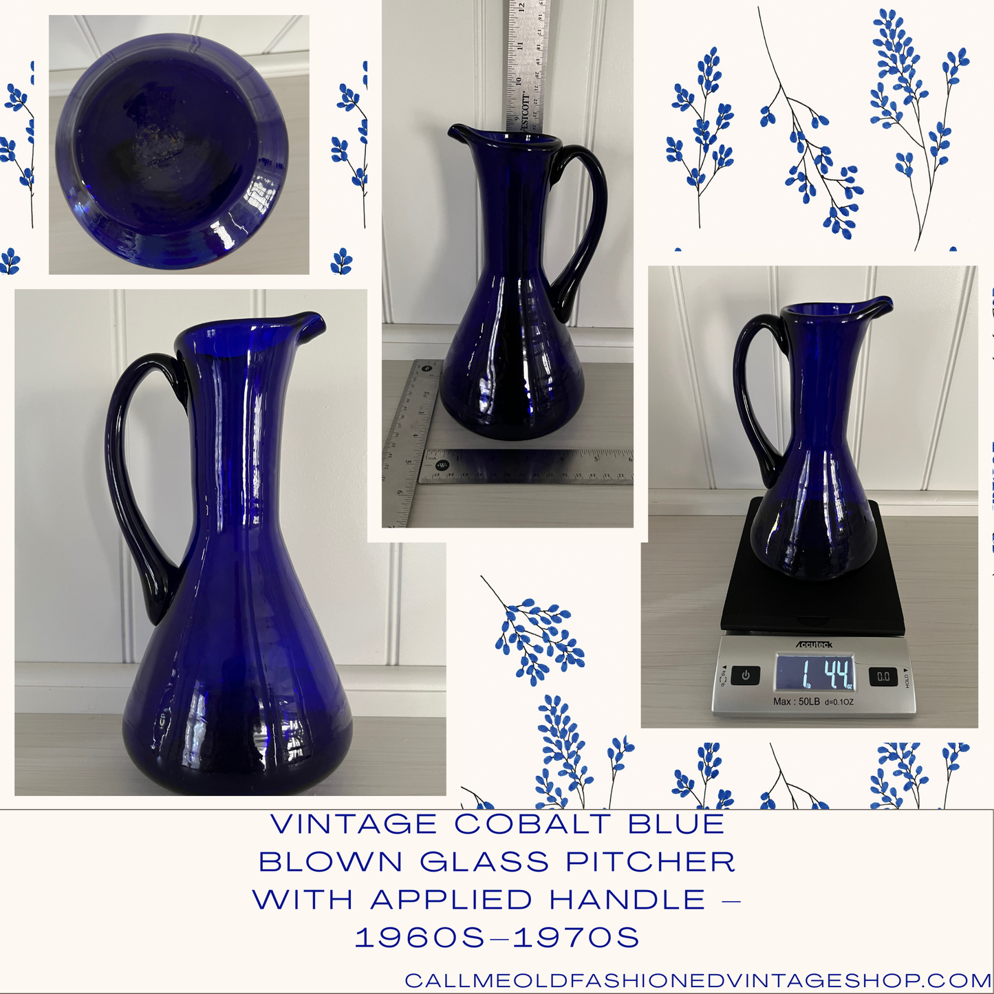 Vintage Hand Blown Blue Glass Carafe Pitcher Applied Handle - Cobalt Blue 1960s–1970s