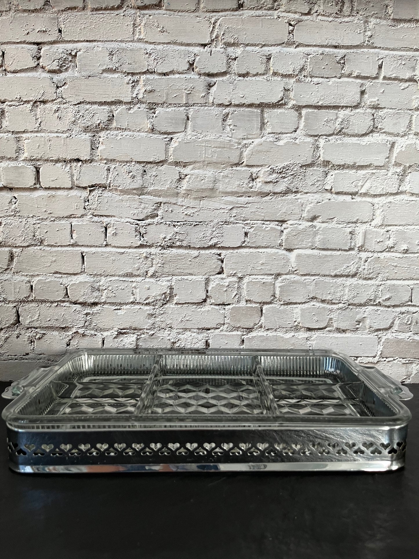 1950s Fostoria American Clear Divided Relish Tray with Silverplate Holder – Art Deco Entertaining Elegance