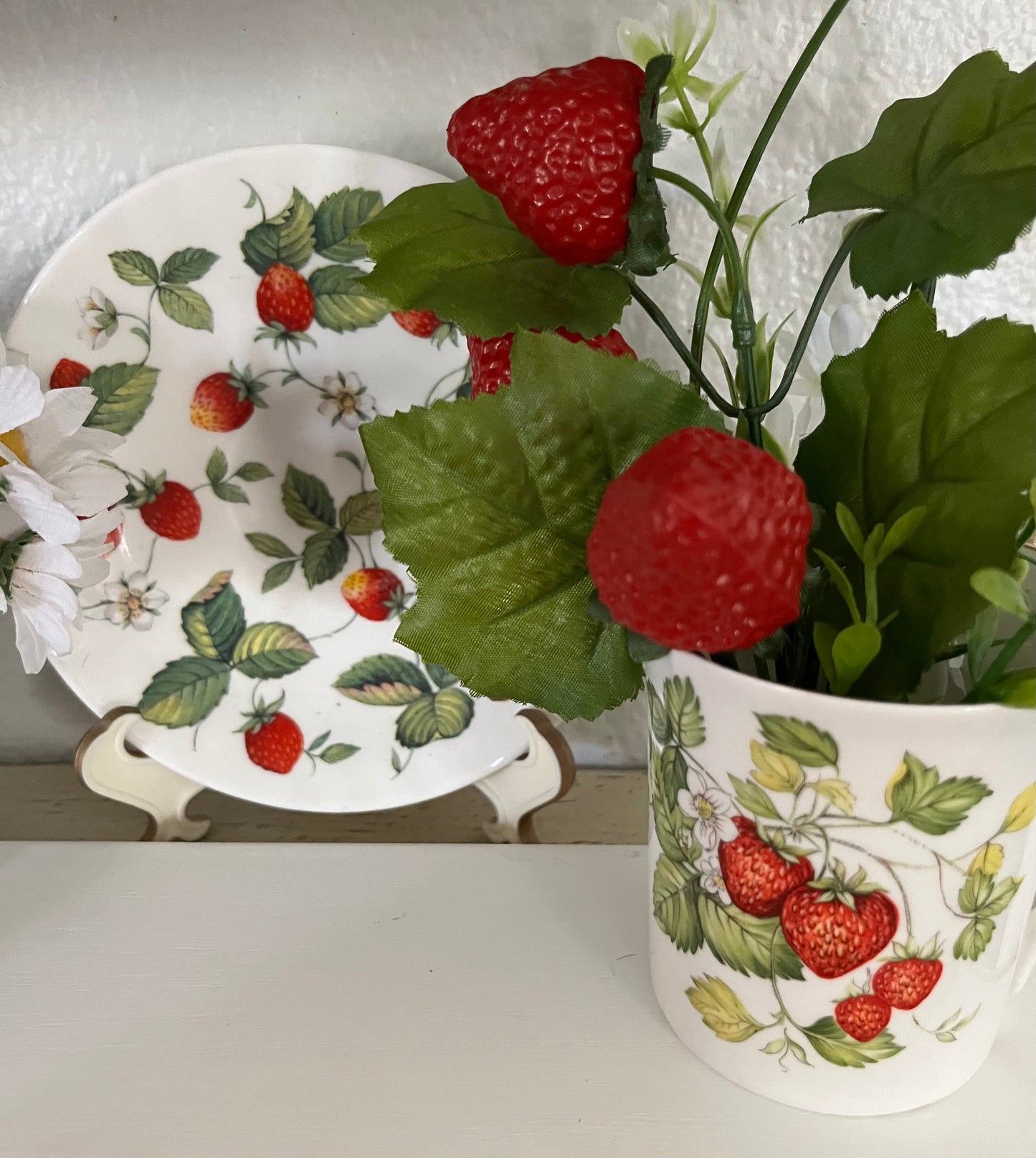 Circa 2000 English Bone China Alpine Strawberry Footed Teacup & Saucer by Roy Kirkham