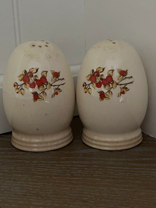 Vintage Cream Oval Egg Ceramic Bittersweet Salt & Pepper Shakers by Universal Cambridge Red Flower 1940's