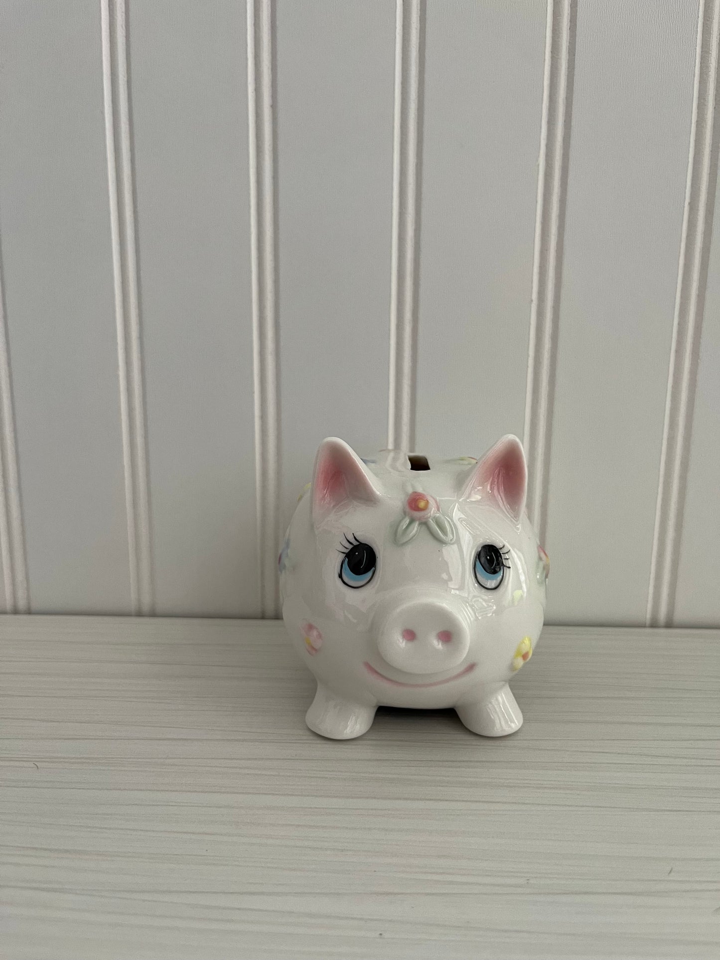 Vintage Kitsch Circa 2000 White Porcelain Piggy Bank - Embossed Pastel Floral Design