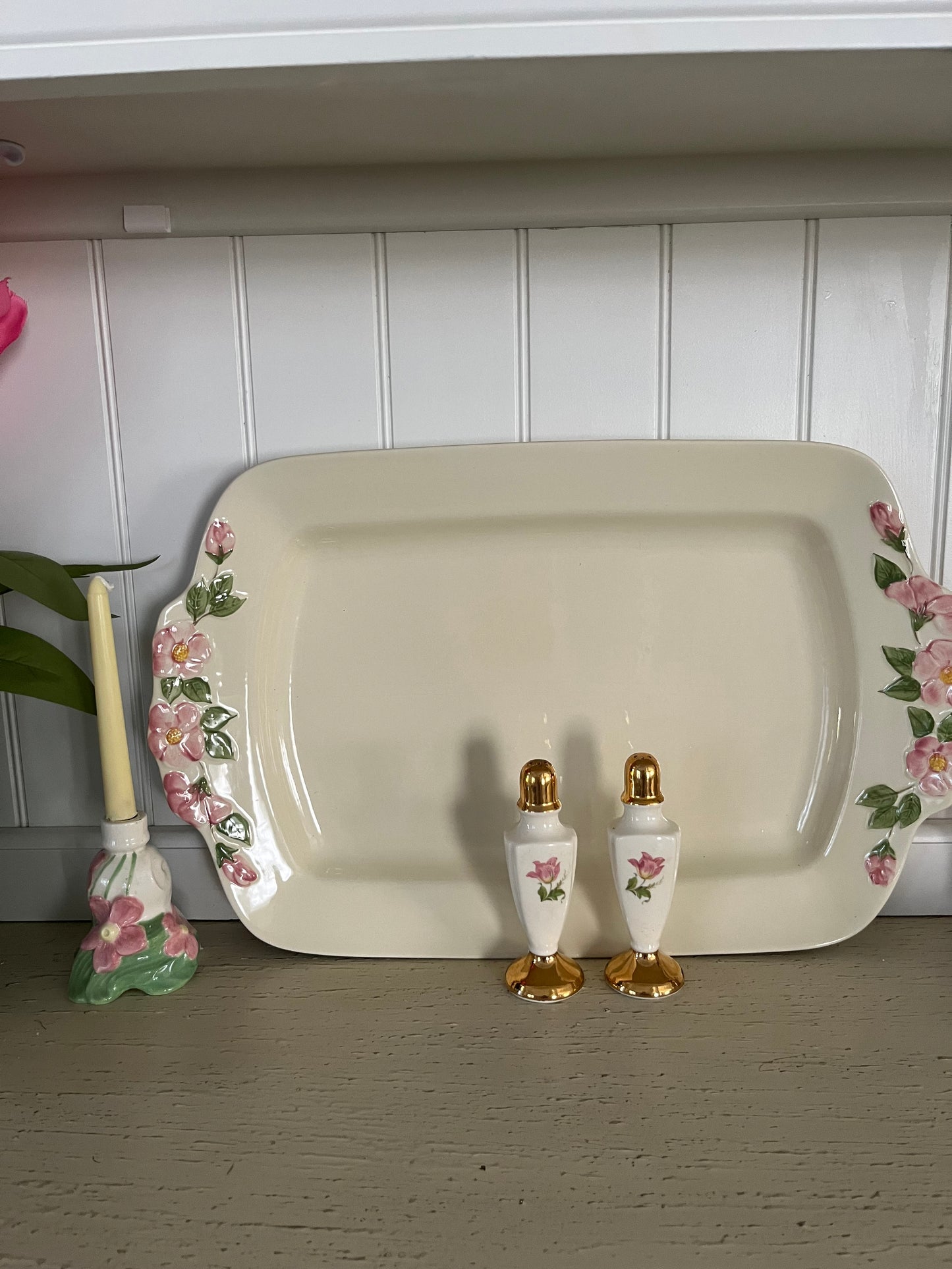 1954 Holland Mold Ceramic Candlestick Holder – Hand-Painted Taper, Pink Flower & Green Glaze
