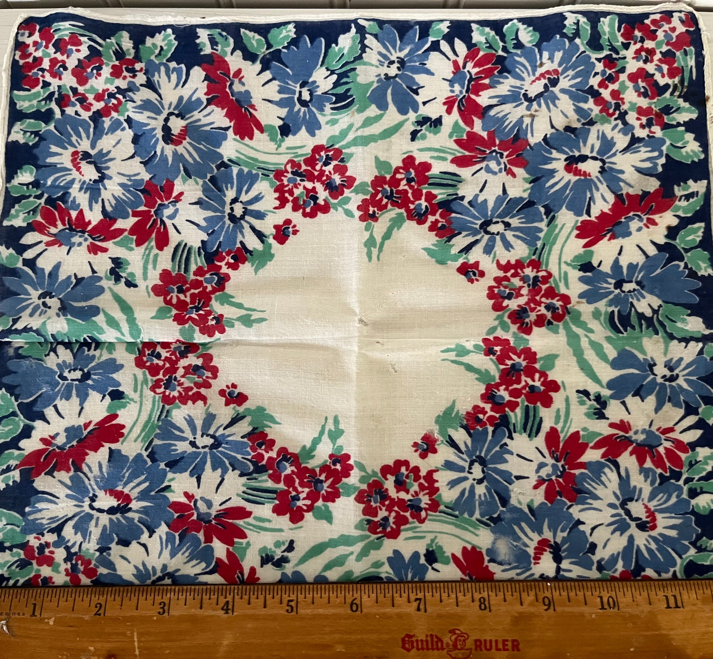 Vintage 1960s Blue Center Handkerchief - Red White Blue Floral Hanky 12”x12”