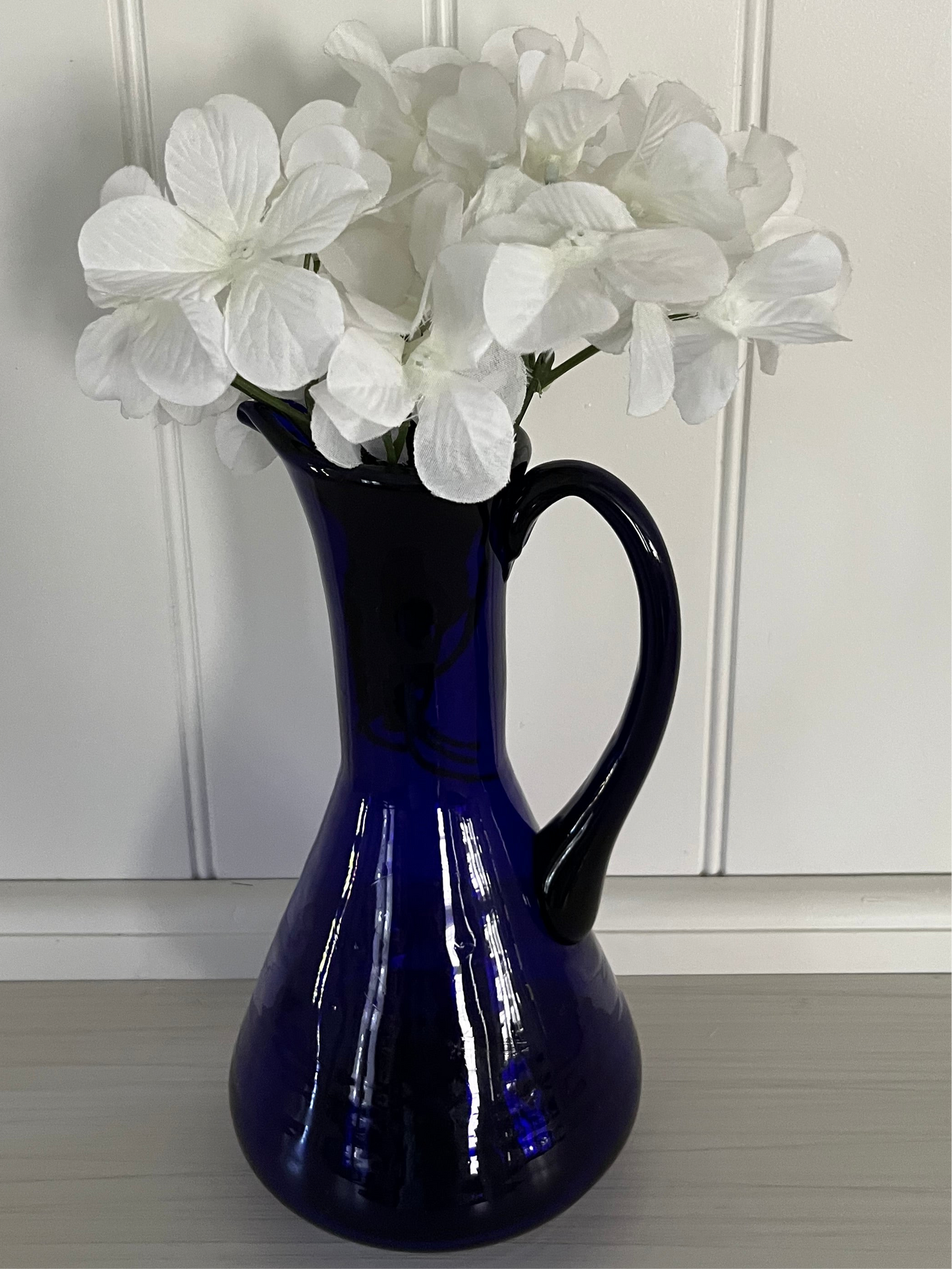 Vintage Hand Blown Blue Glass Carafe Pitcher Applied Handle - Cobalt Blue 1960s–1970s