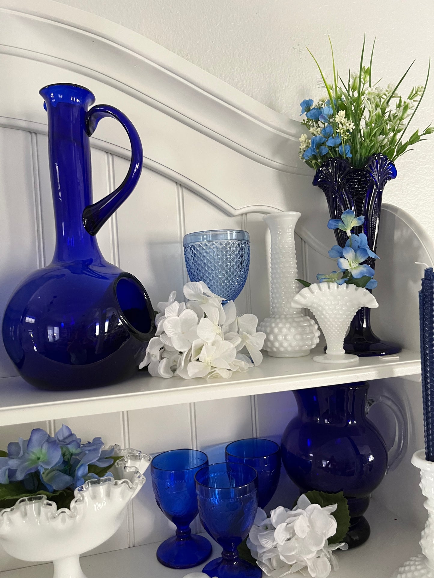 Vintage Mid-Century Italian Empoli Cobalt Blue Glass Genie Pitcher with Applied Bullseye, c. 1960s–1970s