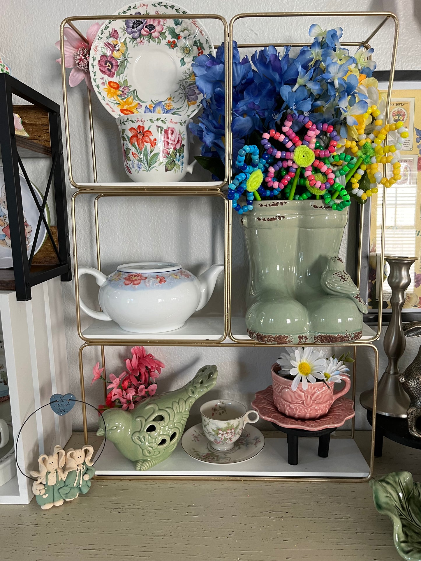 Vintage LHONG TAO Pink, Yellow, Blue Floral Print Porcelain Tea Pot with Flat Lid