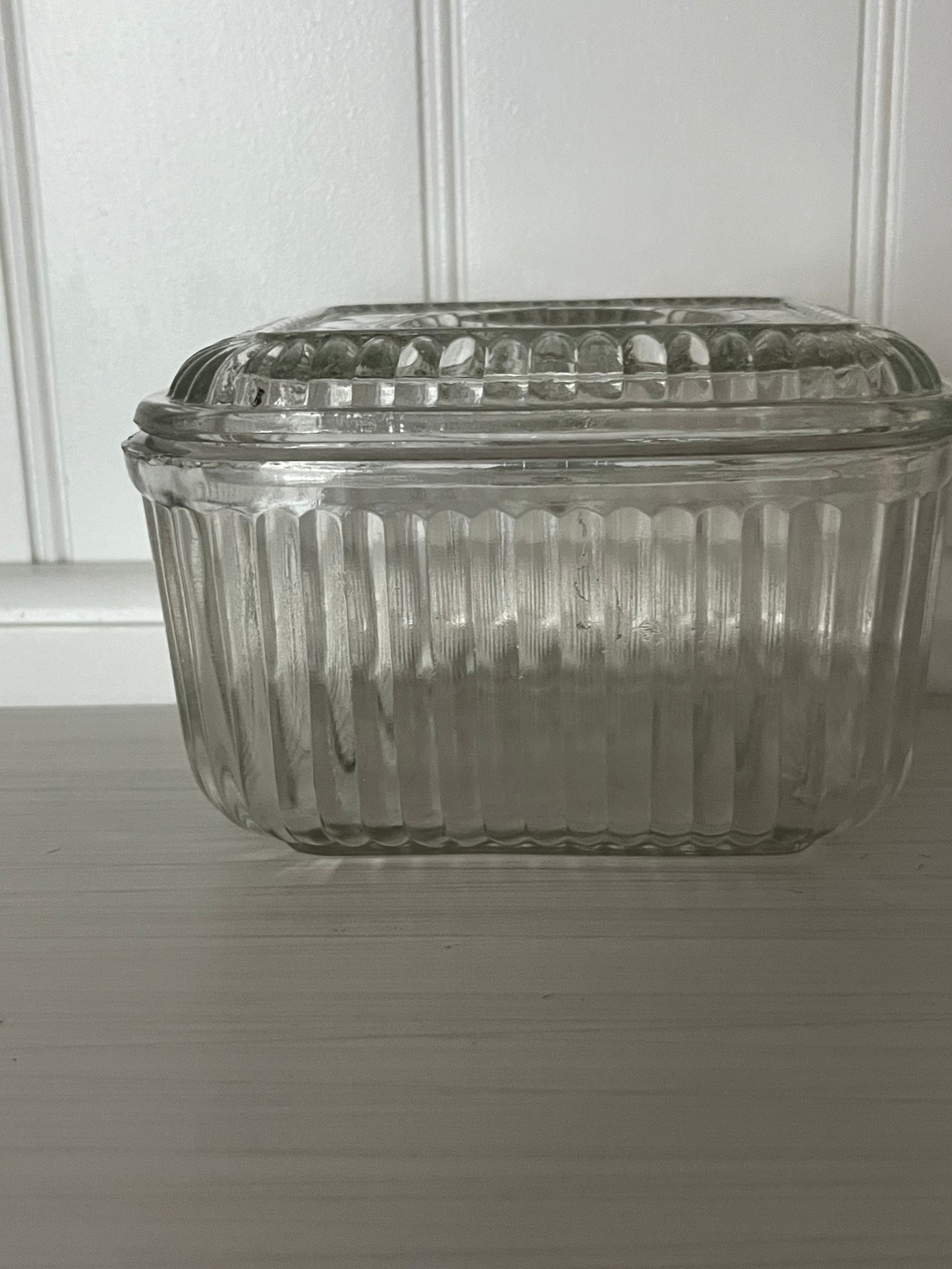 Vintage Ribbed Glass Refrigerator Dish with Lid 1940’s