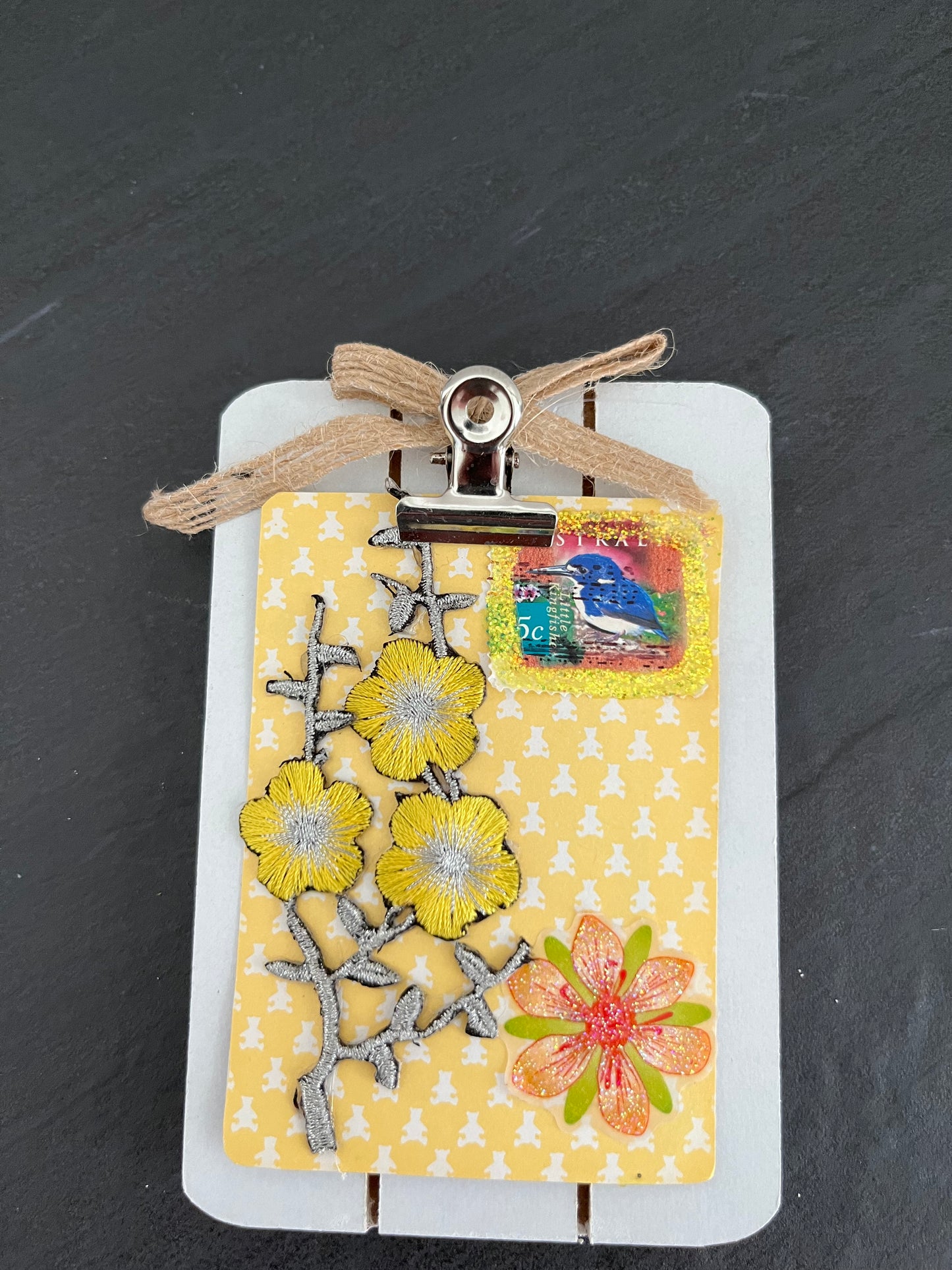 Modern 2011 Artist Original Art Card: Mixed Media with Blue Kookaburra Bird Stamp Design and Yellow Flowers