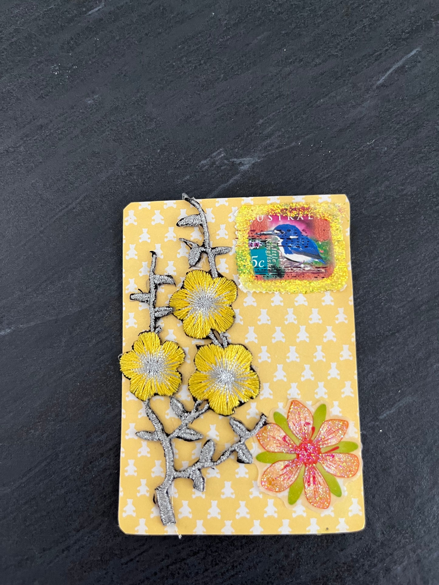 Modern 2011 Artist Original Art Card: Mixed Media with Blue Kookaburra Bird Stamp Design and Yellow Flowers