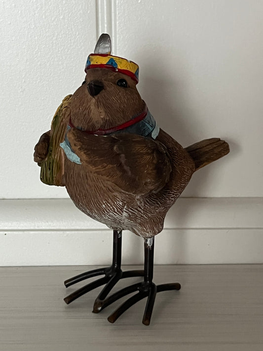 Fall Harvest Bird Resin Figurine with Feather Headdress & Wheat Bundle (4” Tall – Autumn Table Décor)