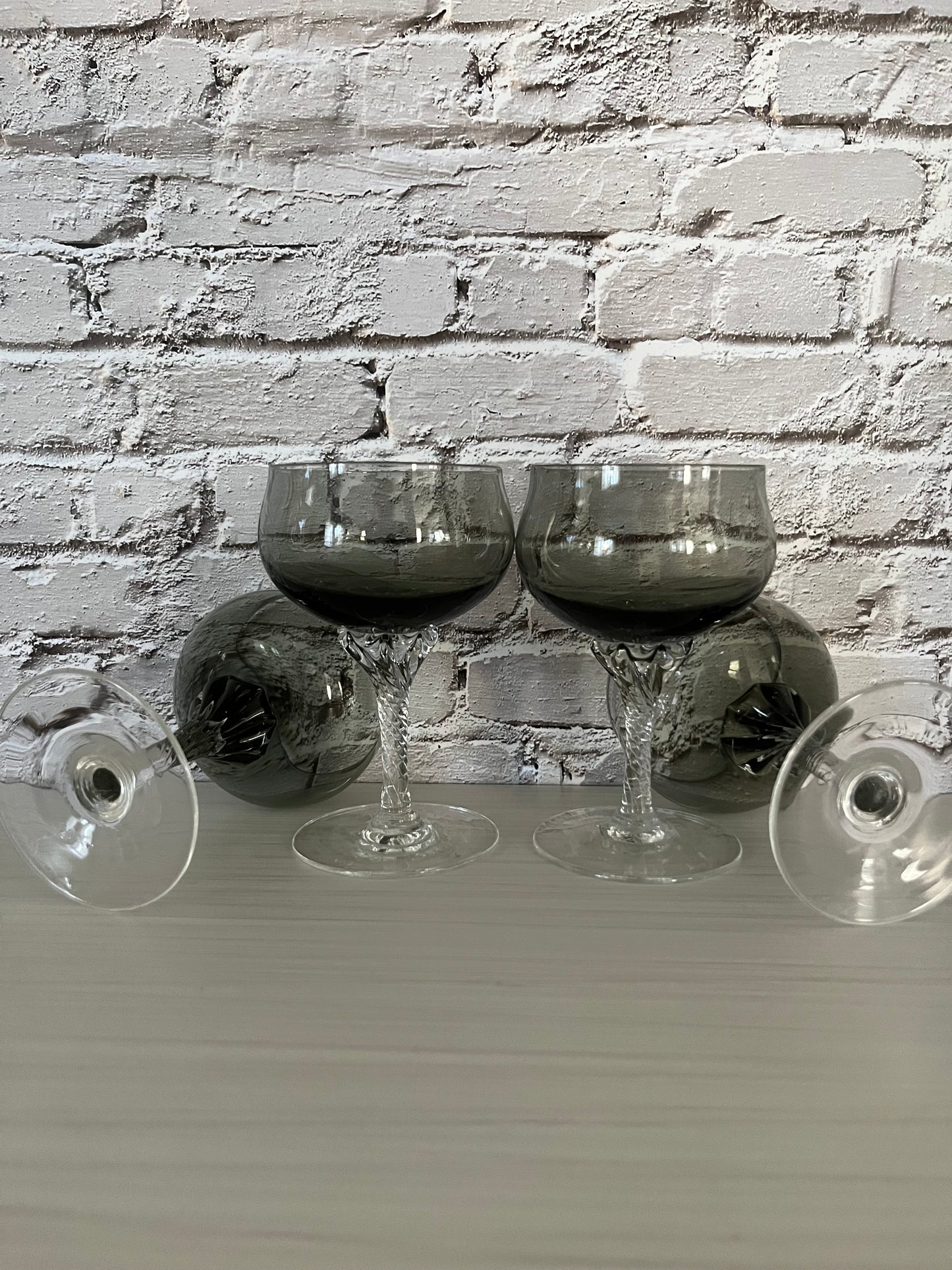 1980s Sasaki “Coronation-Smoke” Champagne Coupes – Set of 4 Blown Glass