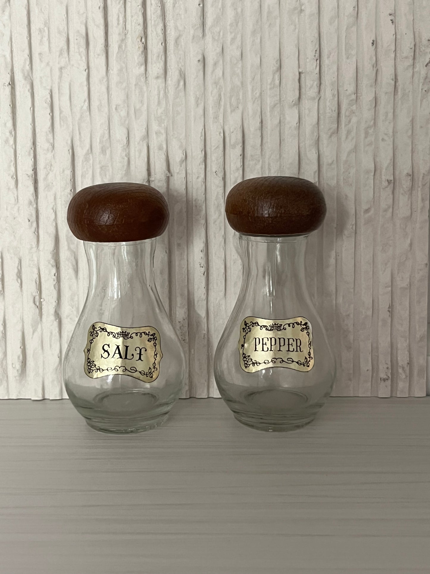 Vintage Glass Salt & Pepper Shaker Set with Wooden Mushroom Tops and Gold Foil Labels – 1960s-1970s