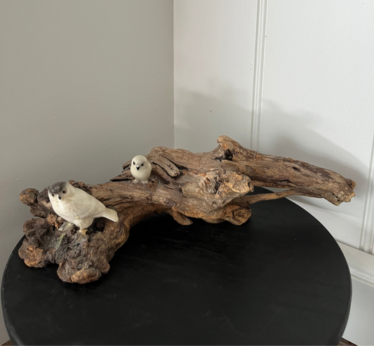 Vintage Porcelain Birds on Driftwood Branch Sculpture – Woodland Nature Figurine (c. 1970s)