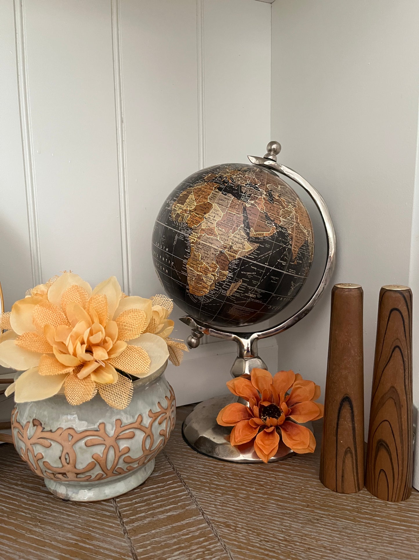 Modern Black & Bronze Decorative Globe with Hammered Nickel Base — Contemporary Explorer’s Desk Accent (c. 2010s)