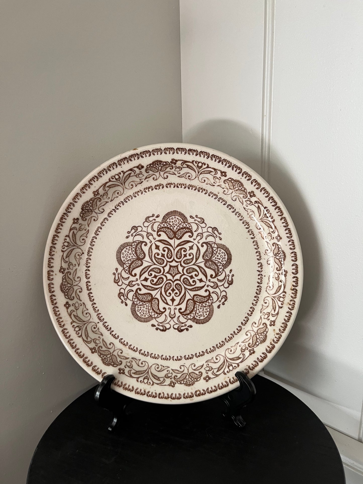 Vintage Brown Transferware Bread & Butter Plates – Wellesley-Style Scroll Pattern (Unmarked, 1950s–1960s, Set of 2)