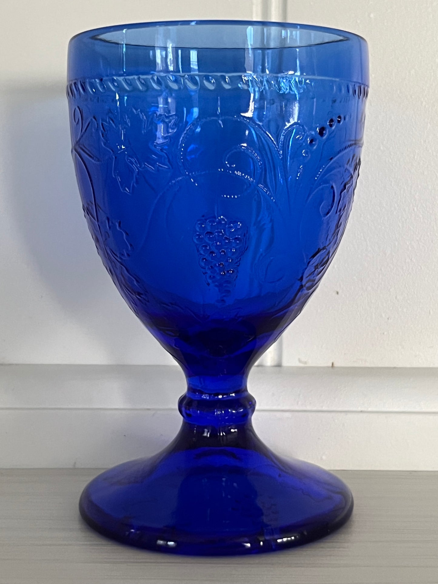 Vintage 1970s Cobalt Blue Pressed Glass Goblets Grapevine & Leaf Motif – Set of 6