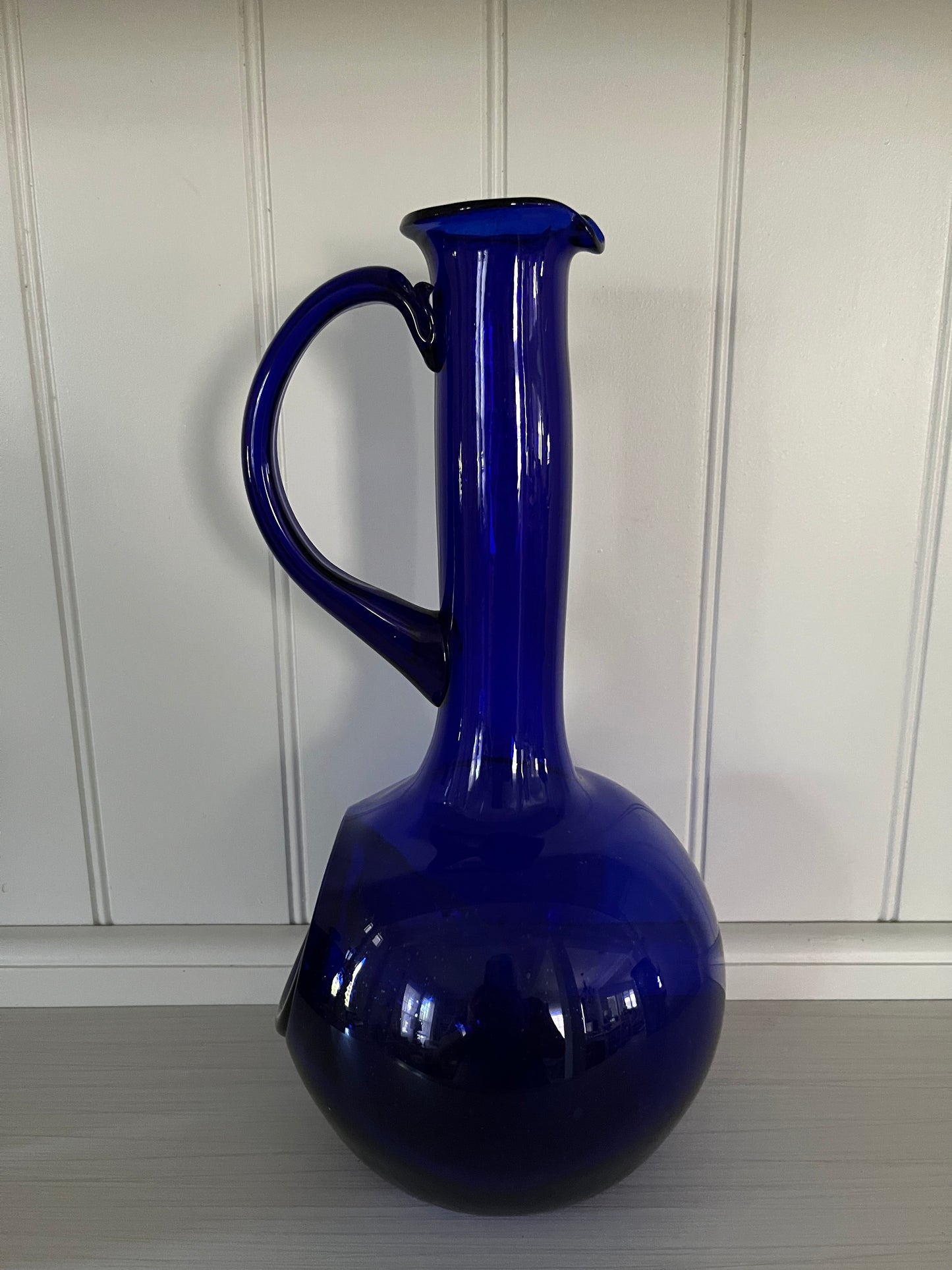 Vintage Mid-Century Italian Empoli Cobalt Blue Glass Genie Pitcher with Applied Bullseye, c. 1960s–1970s