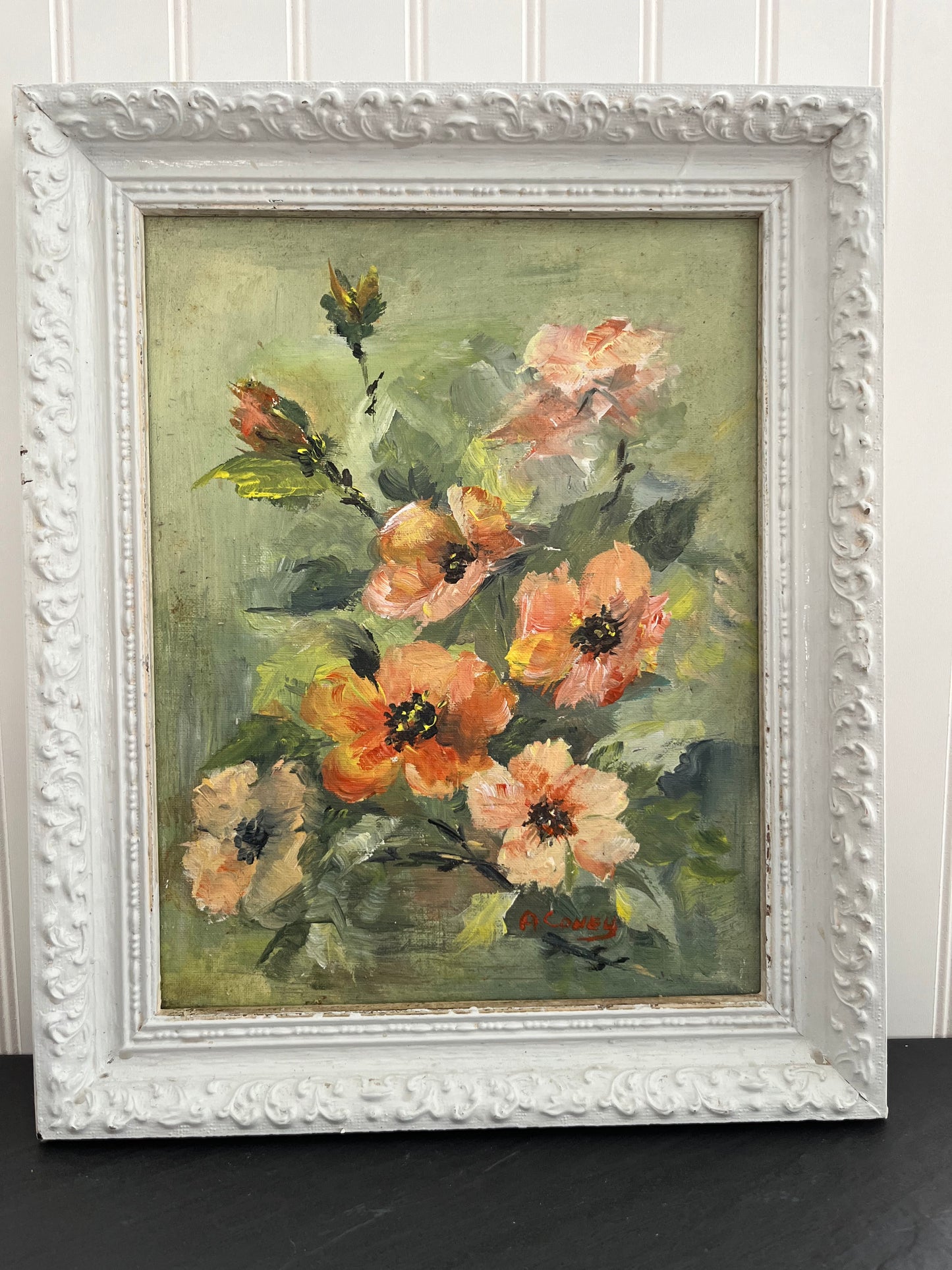Vintage Original Orange Poppies In Green Oil Painting in White Weathered Frame