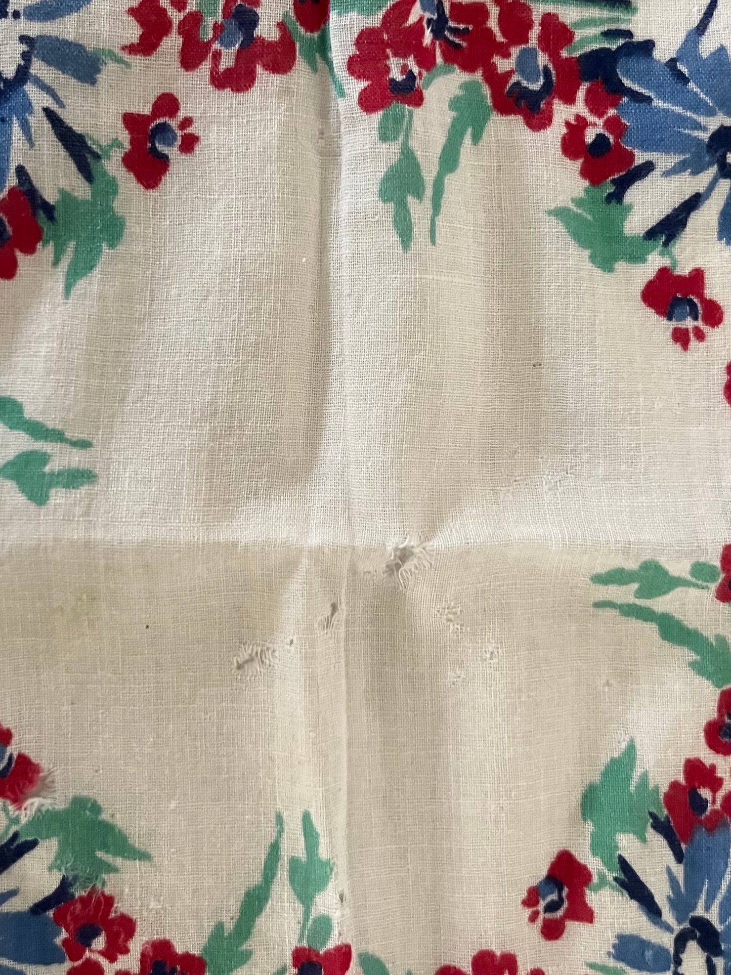 Vintage 1960s Blue Center Handkerchief - Red White Blue Floral Hanky 12”x12”