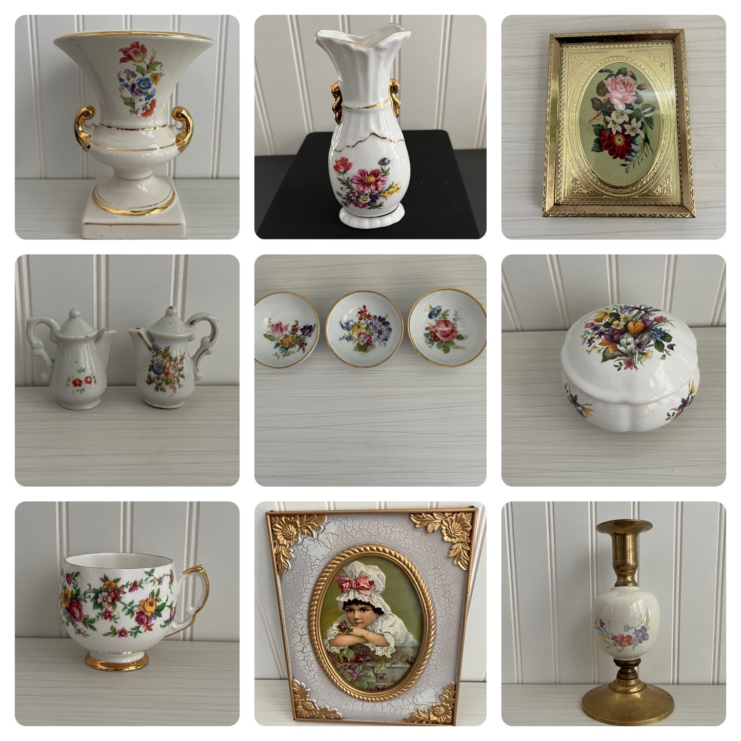 Elegant Vintage Brass Taper Candlestick with Porcelain Floral Bouquet Design