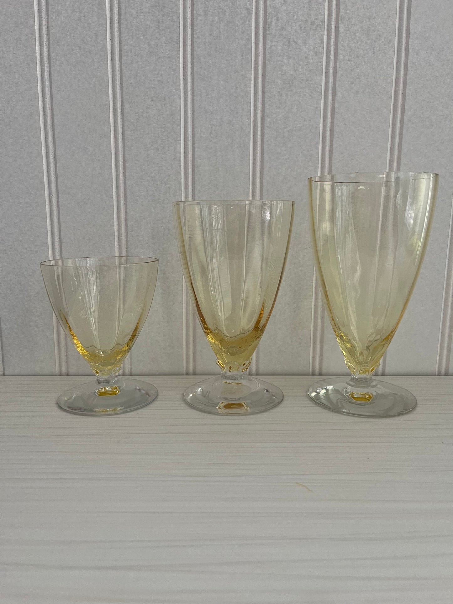 Vintage 1930s Set of 3 Fostoria Yellow Topaz Depression Footed Clear Glasses