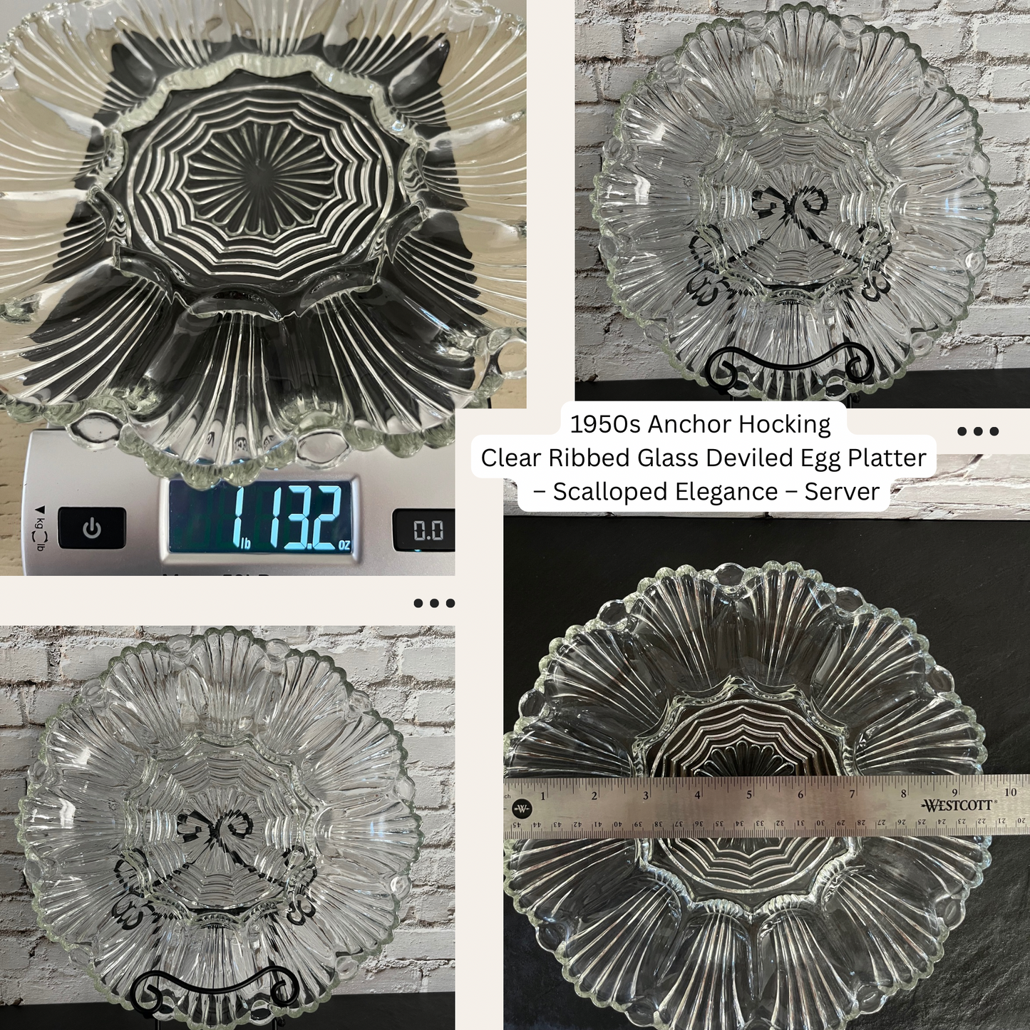1950s Anchor Hocking Clear Ribbed Glass Deviled Egg Platter – Scalloped Elegance – 12-Egg Server