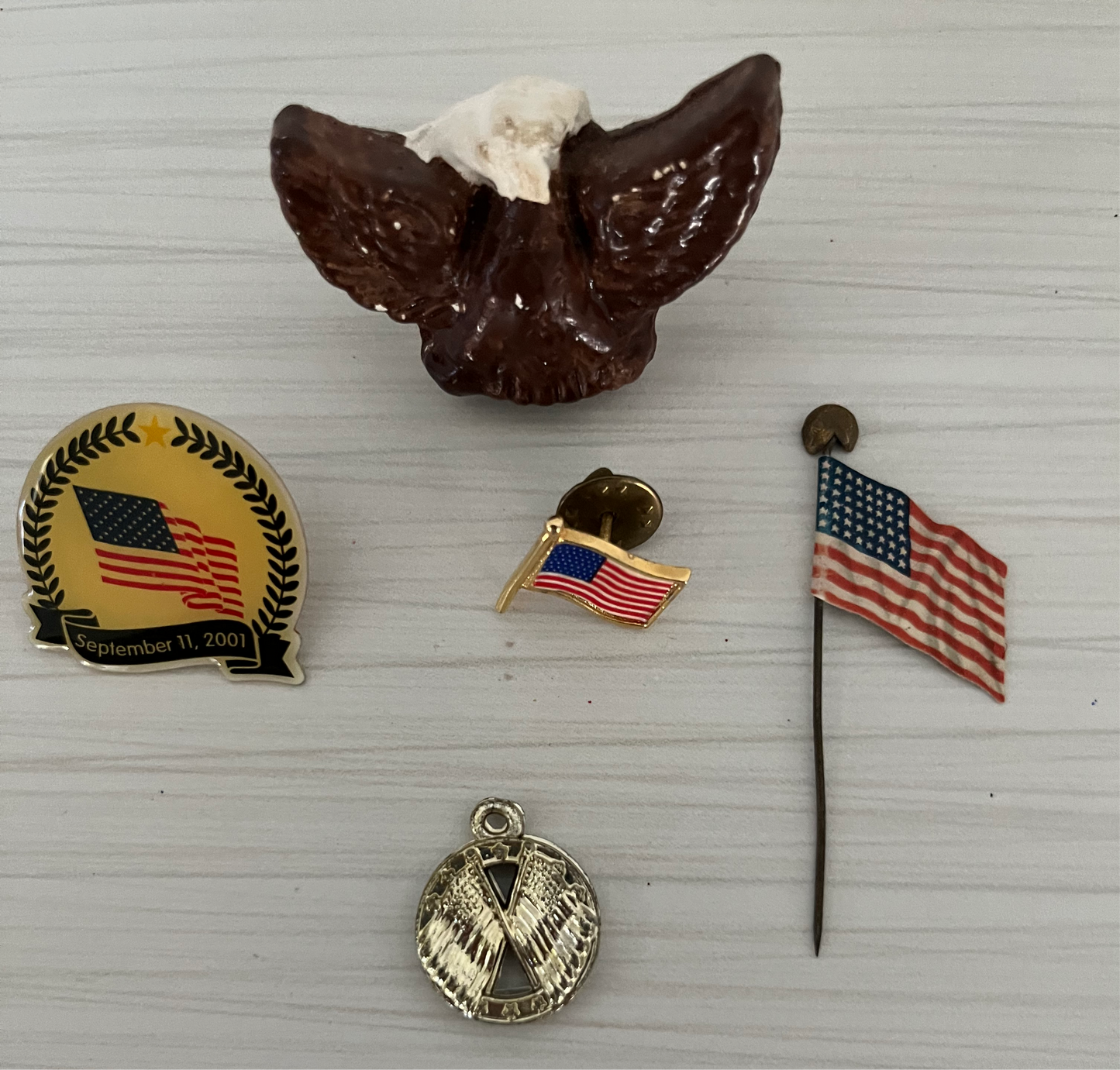 Curated Collection of Vintage Patriotic Memorabilia: American Flag Pins, Boy Scouts Slide, and More