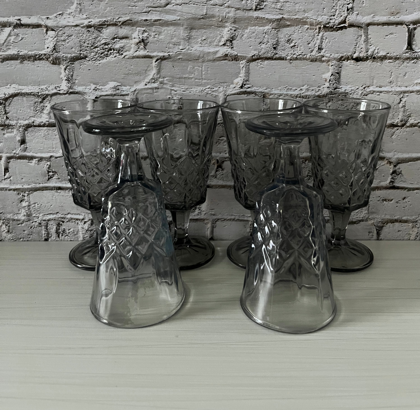 Retro Smoke-Gray Diamond-Cut Footed Goblets – Set of 6 (c. 1970s–1980s)