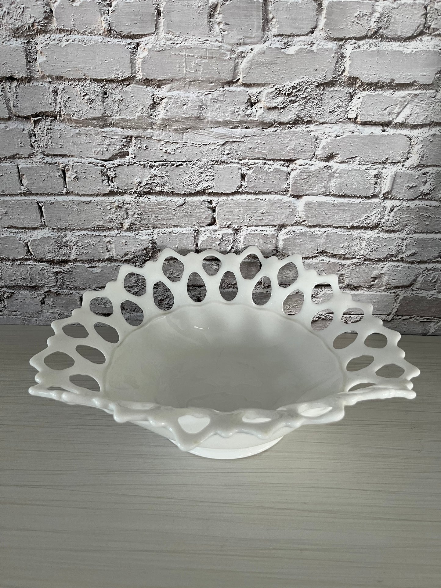 Vintage 1950s Westmoreland Doric Milk Glass Open Lace Edge Compote Banana Boat Bowl – Reticulated Rim