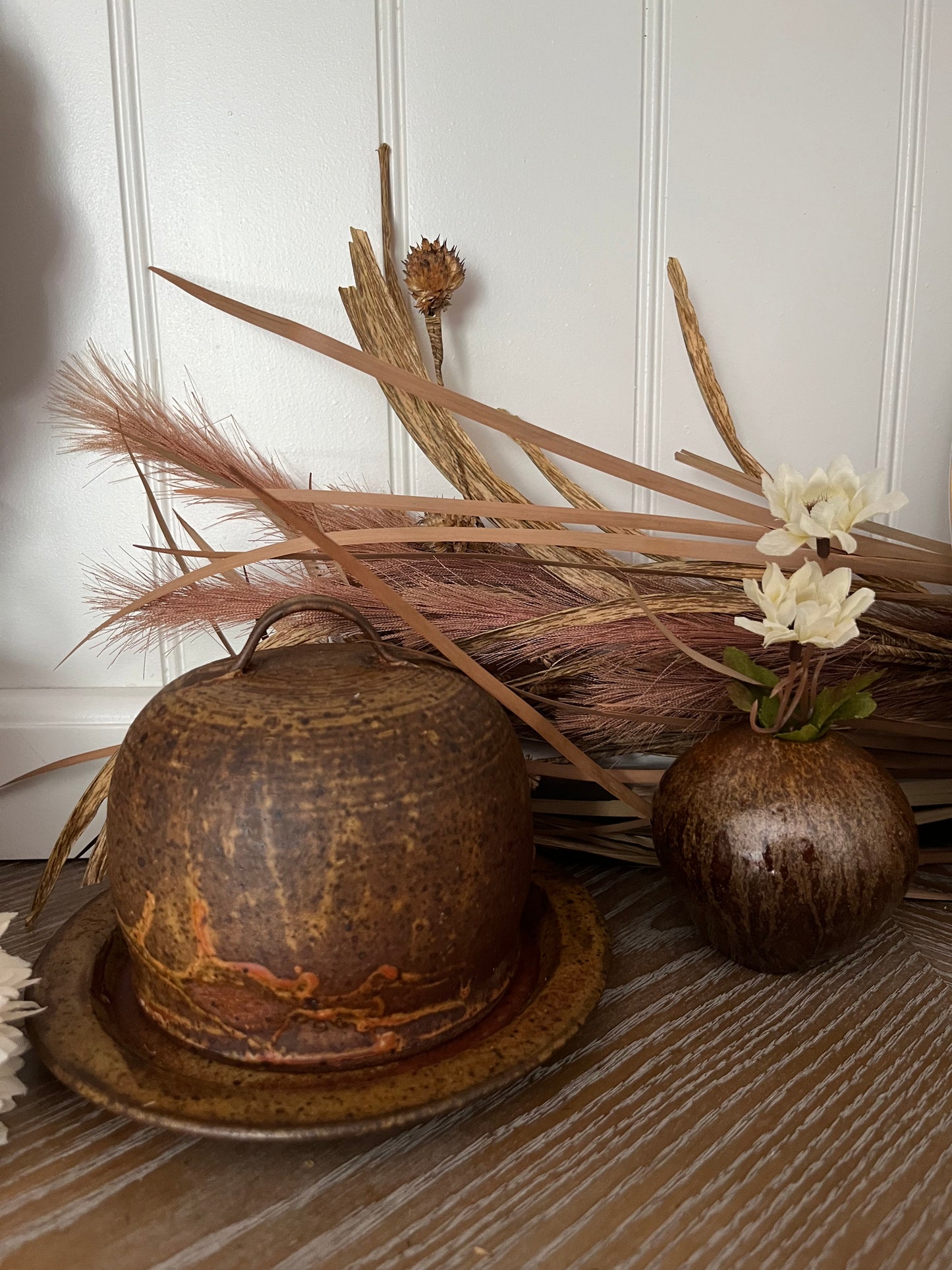 Vintage Rustic Stoneware Butter Bell with Drip Plate, Cheese Keeper– Hand-Thrown Brown Pottery (1970s)