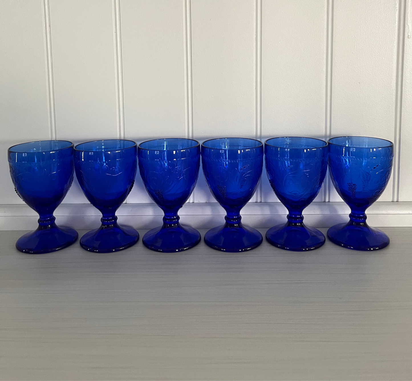 Vintage 1970s Cobalt Blue Pressed Glass Goblets Grapevine & Leaf Motif – Set of 6