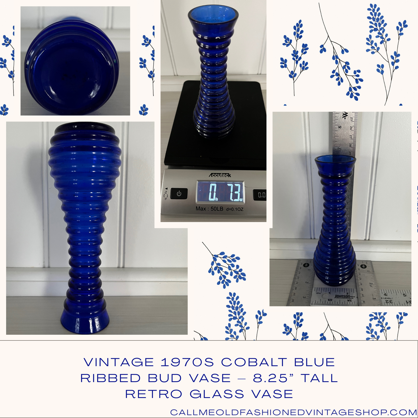 Vintage 1970s Cobalt Blue Bee Hive Ribbed Bud Vase – 8.25” Tall Retro Glass Vase