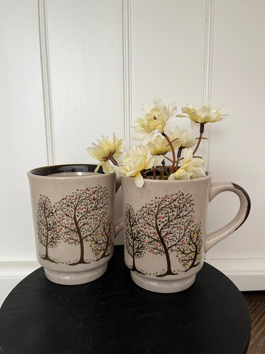 Vintage Otagiri Stoneware Mugs – Hand-Painted Fruit Tree Design, Pair (1970s–1980s)