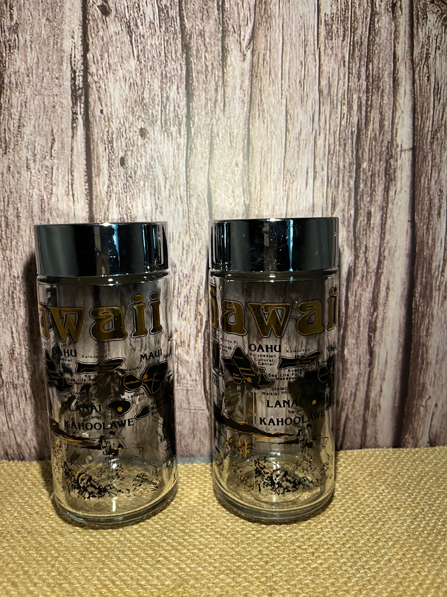 Vintage Hawaii Souvenir Black & Gold Glass Salt & Pepper Shakers, 5” Vintage Kitsch Tiki Decor
