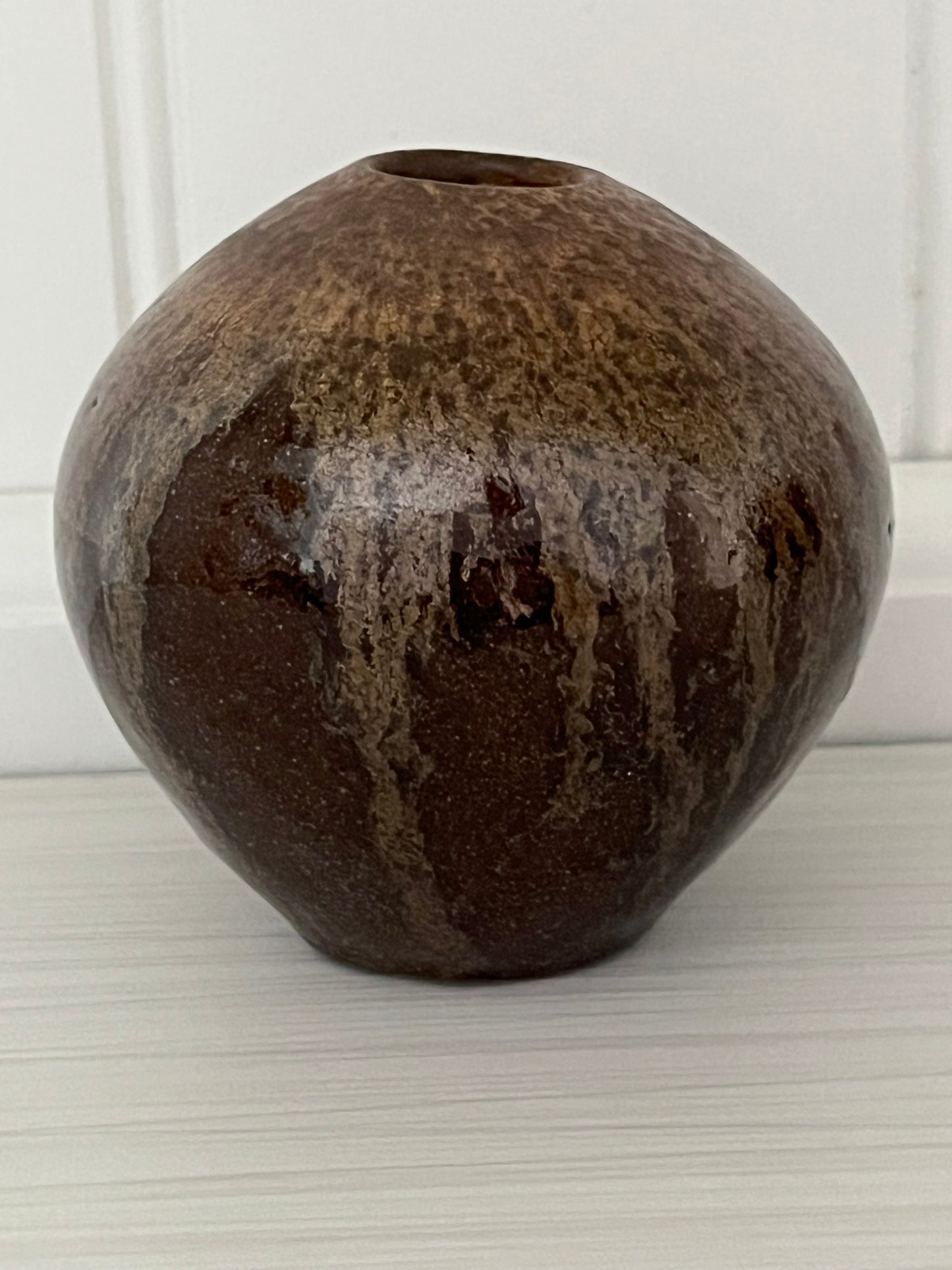 Vintage Petite Art Studio Pottery Bud Vase in Brown Drip Glaze – Hand-Thrown Stoneware (1970s)