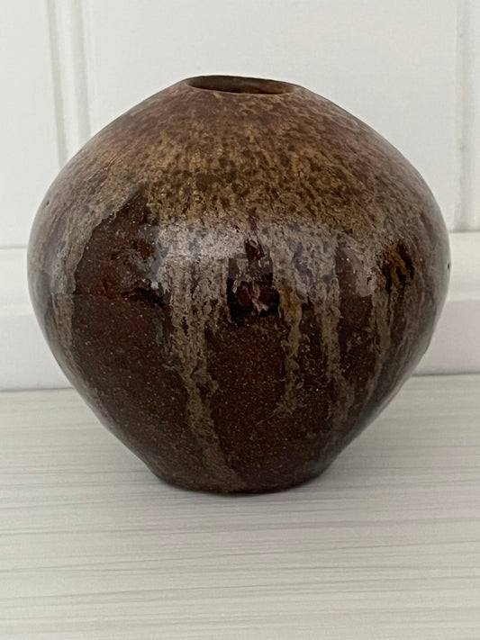Vintage Petite Art Studio Pottery Bud Vase in Brown Drip Glaze – Hand-Thrown Stoneware (1970s)