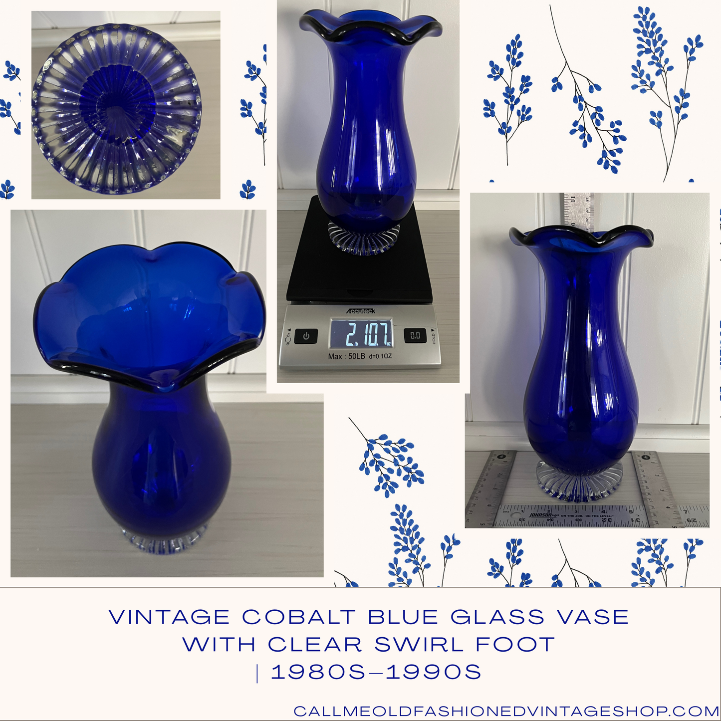 Vintage Cobalt Blue Glass Vase with Clear Swirl Foot | 1980s–1990s