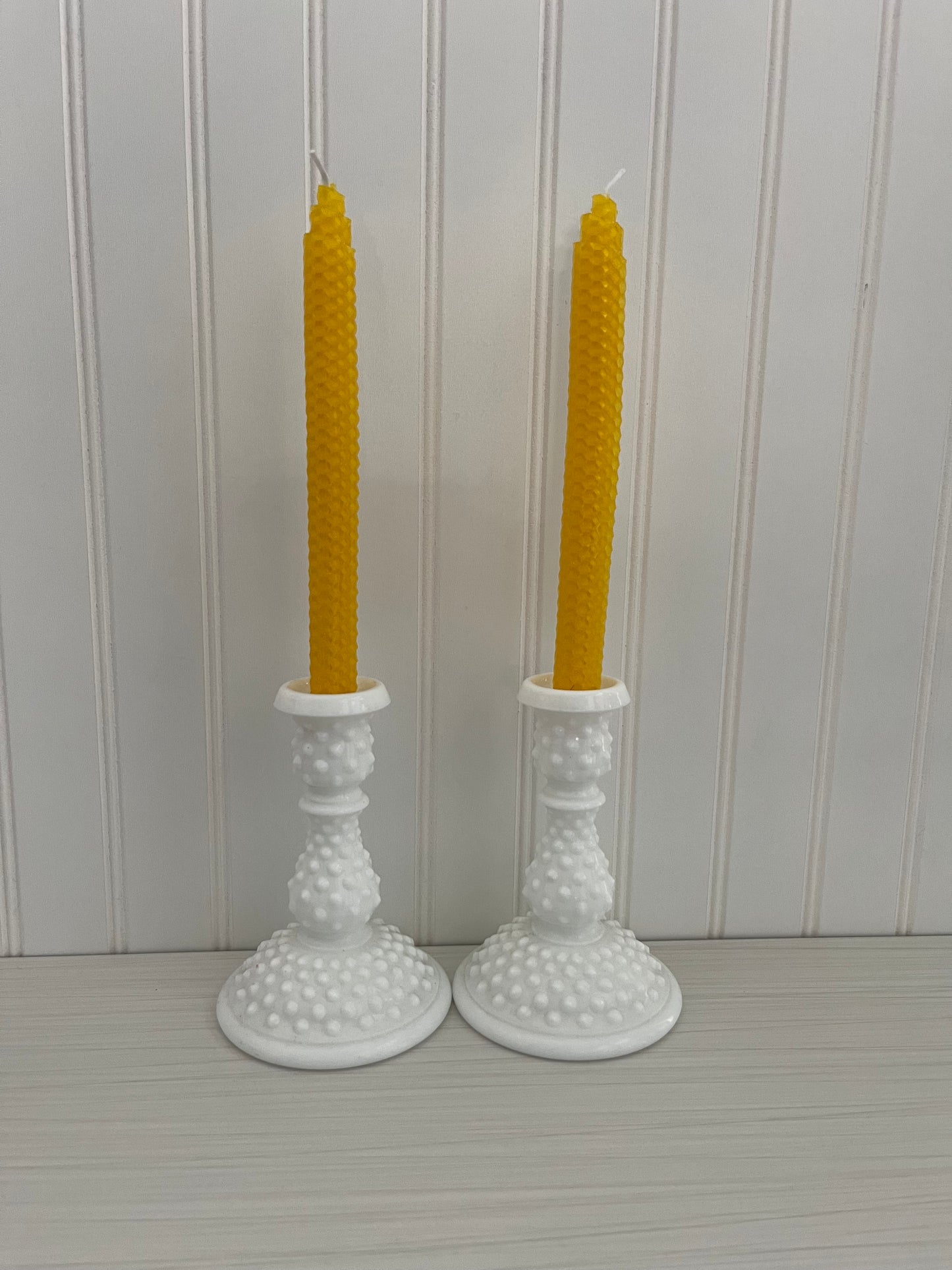 Vintage Fenton 1960’s Art Milk Glass Hobnail 6” Candlesticks - Pair