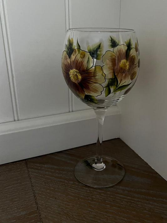 One Vintage Hand-Painted Floral Wine Goblet | Oversized Balloon Glass with Yellow & Brown Blossom | 8” Tall