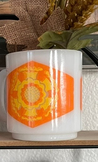 Vintage Fire-King Milk Glass Mug – Orange & Yellow Geometric Flower (c. 1970s, Anchor Hocking USA)