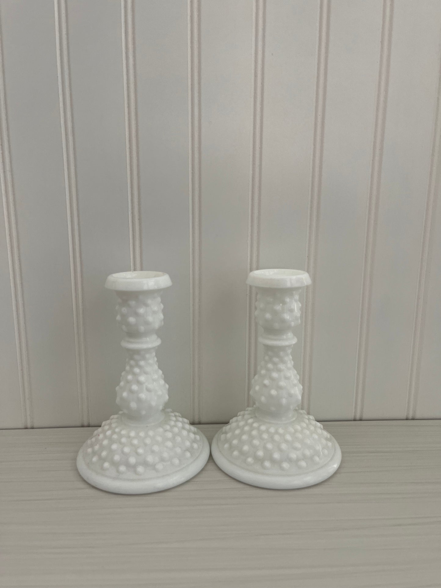 Vintage Fenton 1960’s Art Milk Glass Hobnail 6” Candlesticks - Pair