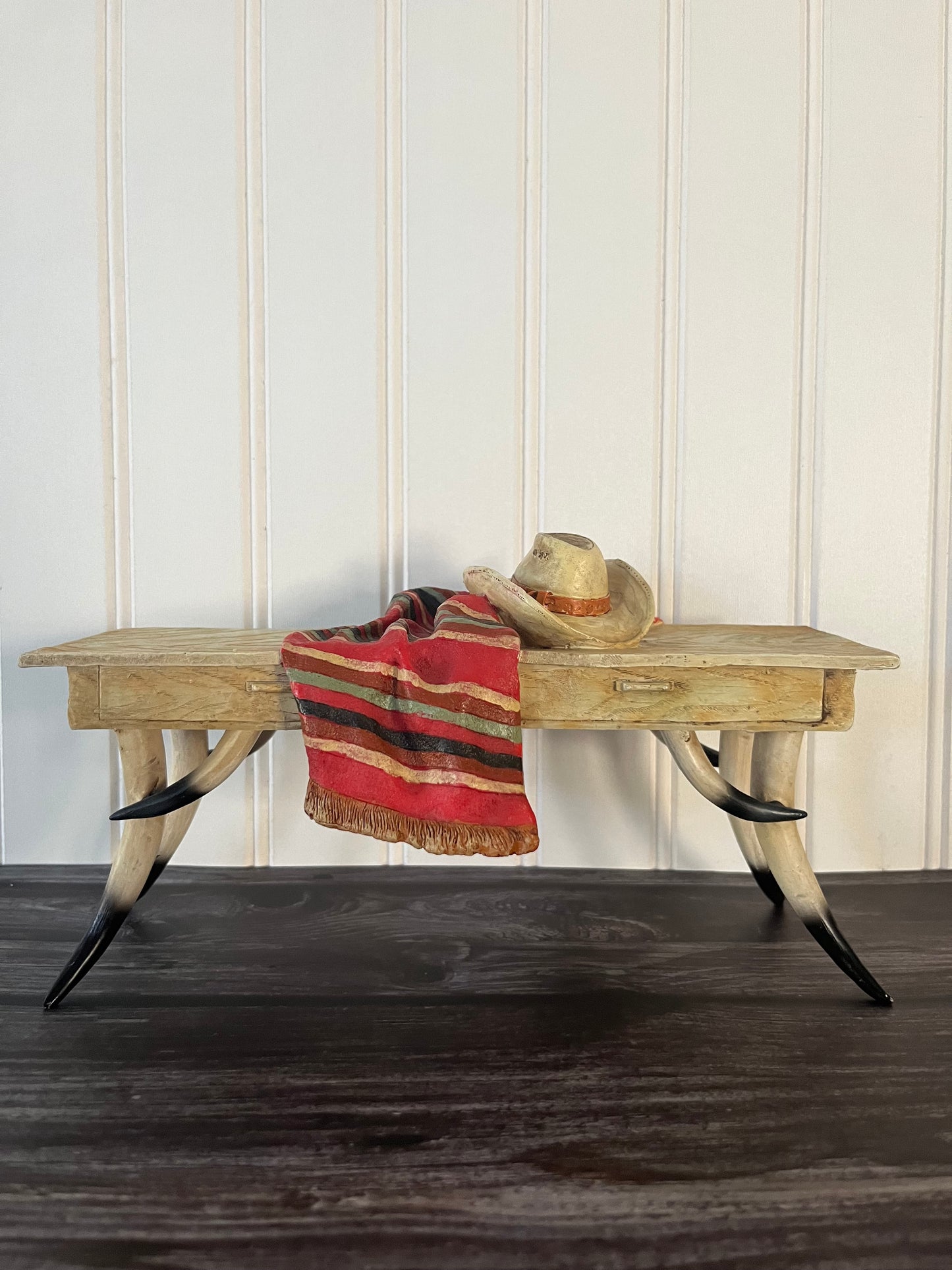 Vintage Small Display Resin Western Antler Table With Cowboy Hat and Blanket - 5”H x 10”L x 2”W